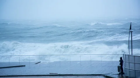 Stormy Waves Breaking On The Pier in Slow Motion Stock Footage 68673655