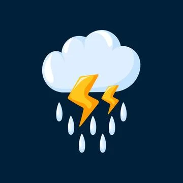 Stormy weather icon featuring a cloud with rain, lightning bolts, and dark Stock Illustration