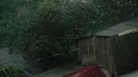 Stormy weather, raindrops hit the rooftops, the wind sways green trees Stock-Footage 159199212