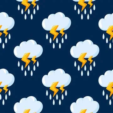 Stormy weather seamless pattern with rain cloud, lightning bolt and dark Stock Illustration
