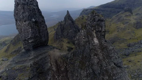 Storr rock formations flyby Stock Footage 108438233