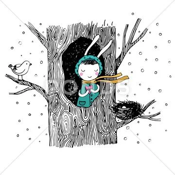 The story about a bunny, tree and bird Stock Illustrationen