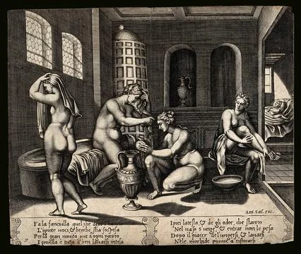 The story of Cupid and Psyche: inside the palace, Psyche, shown five times,.. Stock Illustration