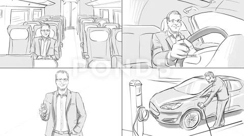 Storyboard with a man in different transport Stock Illustration