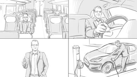 Storyboard with a man in different transport Stock Illustration