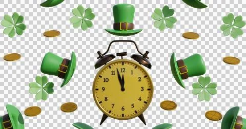 St.Patrick 's Day. Alarm clock surrounded by a leprechaun hat of golden coins Illustrazione stock