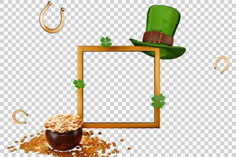 St.Patrick 's Day. Frame in leprechaun hat, pot of gold coins horseshoe clover. Illustrazione stock