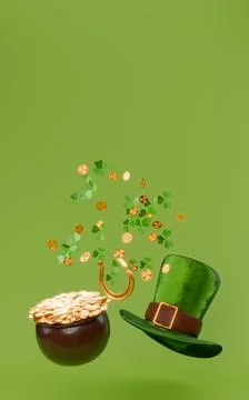 St.Patrick 's Day. Leprechaun hat, pot of gold coins horseshoe clover. Illustrazione stock