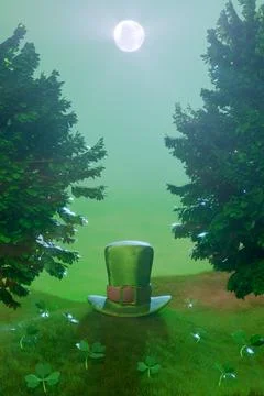 St.Patrick 's Day. Leprechaun hat on a lawn with clover under the moonlight. Illustrazione stock