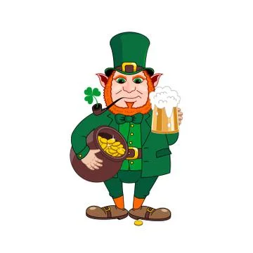 St.Patrick 's Day. Leprechaun with a mug of beer, a pipe and a pot of gold co Illustrazione stock