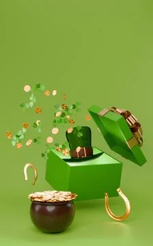 St.Patrick 's Day. Open flying gift box with leprechaun hat, clover Illustrazione stock