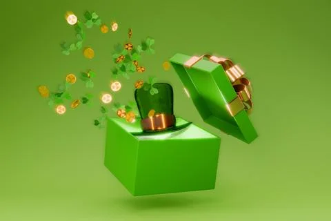 St.Patrick 's Day. Open gift box with leprechaun hat, clover and gold coins Illustrazione stock