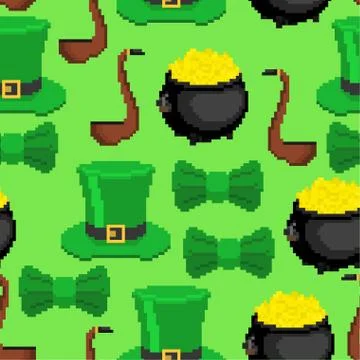 St.Patrick 's Day pattern seamless. Background pixel art 8 bit. leprechaun ha Stock Illustration