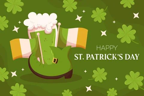 St.Patricks Day holiday background design with green leprechaun boot, Irish flag Stock Illustration
