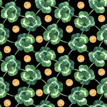 St.Patrick's day seamless pattern with watercolor clover leaves and golden coins Stock Illustration