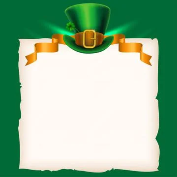 St.Patrick's Day template. Old paper and leprechaun hat with ribbon. Vector Stock Illustration