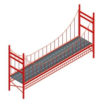Straight and Fixed Asphalted Bridge with Metal Tie Rods Isometric Vector Stock Illustration