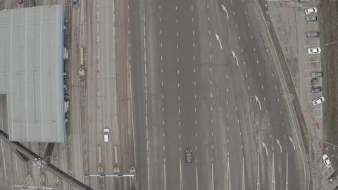 Straight copter plan of Russian highway Traffic on sunny day Stock Footage 148374962