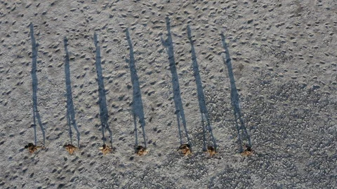 Straight down aerial view of a group of Bushman walking over the vast expanse of Vídeo Stock 106671388