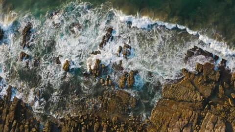 Straight down aerial view of waves breaking against the rugged, rocky coastline Stock Footage 153759464