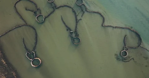 Straight down circular aerial zoom out view of traditional ancient fish traps Stock Footage 290306561