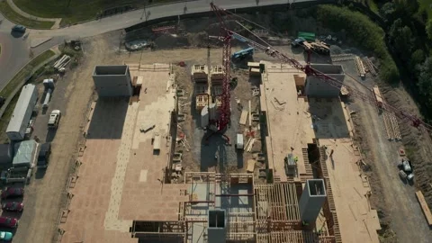 Straight down slow moving drone shot of framing construction site Stock Footage 238950197