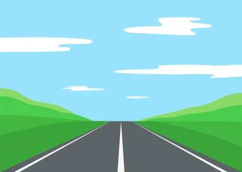 Straight empty asphalt road to nature. Street with field, meadow, hills, clouds Stock Illustration