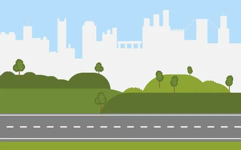 Straight empty road on city background. Green hills,meadow. Summer landscape Stock Illustration
