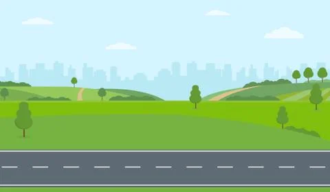 Straight empty road through the countryside on city background. Stock Illustration