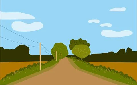 Straight empty road through the countryside Green hills, blue sky, meadow. Stock Illustration