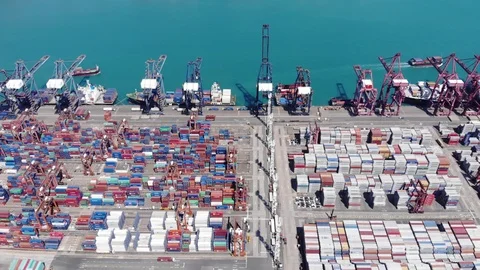 Straight lines of container storage area, aerial shot of large cargo terminal Stock Footage 90994979
