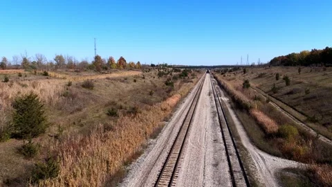 Straight parallel train tracks under clear blue sky, pan right. Stock-Footage 260179110