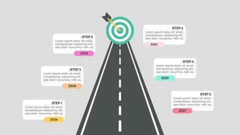 Straight Road Infographic with Multiple Step Timeline and Arrow Target Goal Stock Illustration