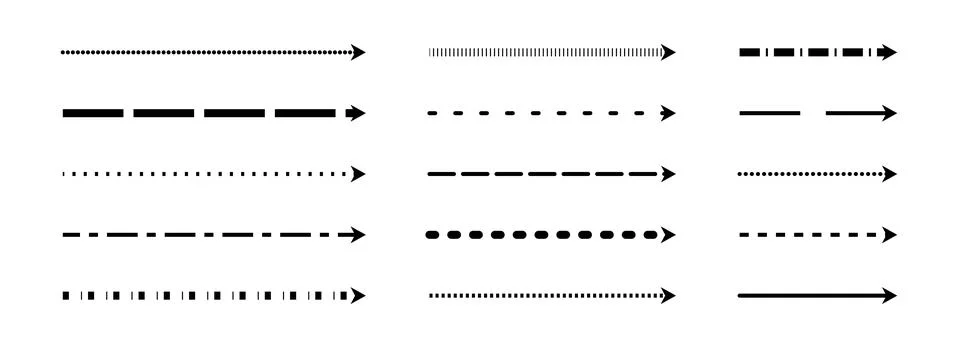 Straight thin dash arrows collection. Black long dotted arrow set. Linear dashed Illustrazione stock