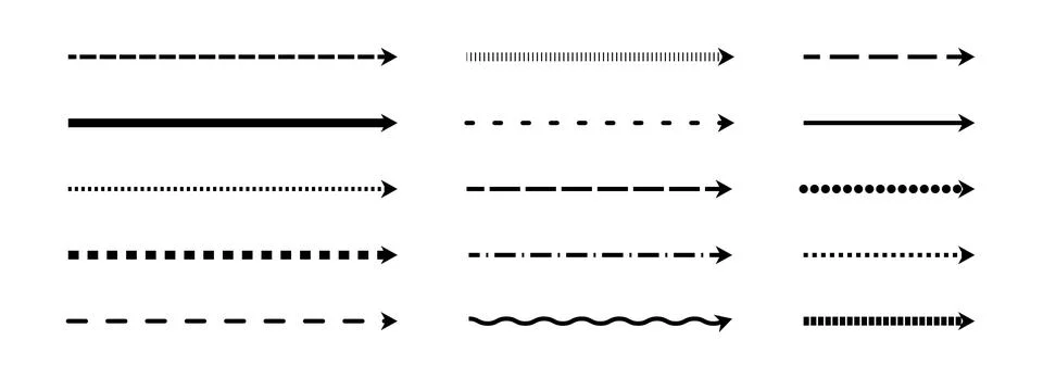 Straight thin dashed arrow set. Black long dotted arrows collection. Linear Stock Illustration