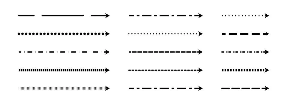 Straight thin dashed arrows collection. Black long dotted arrow set. Linear 스톡 일러스트