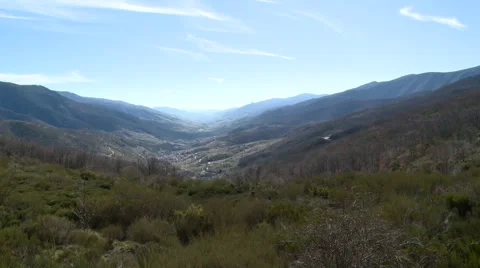 Straight valley from vantage point at mountain pass Stock Footage 49653080