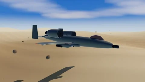 Straight-wing close air support attack jet flying low over a desert valley with 動画素材 340874534