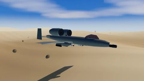 Straight-wing close air support attack jet flying low over a desert valley with Stock Footage 340874617