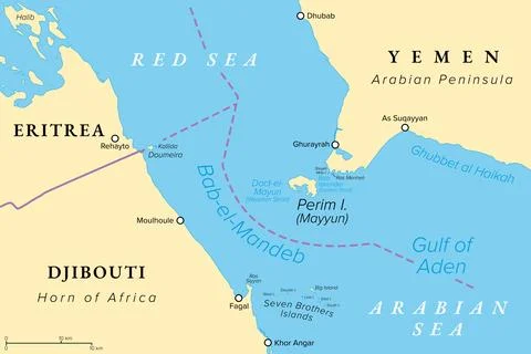 Strait of Bab-el-Mandeb, the Gate of Tears, political map Stock Illustration