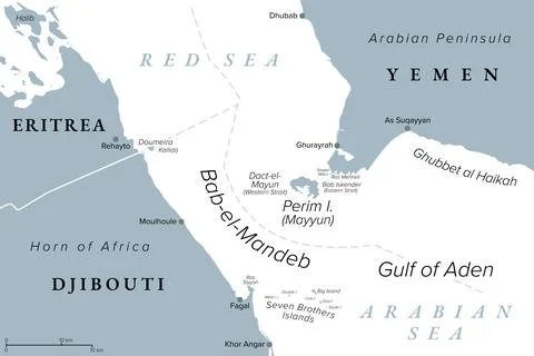 Strait of Bab-el-Mandeb, the Gate of Tears, gray political map Stock Illustration