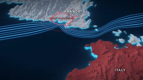 Strait of Bonifacio 3D terrain relief map on a near-black sea Video stock 344545542