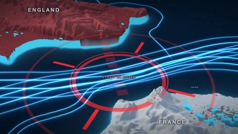 Strait of Dover 3D terrain relief map on a near-black sea Видео 344266417