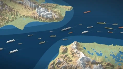 Strait of Dover Elevation Relief 3D Map with Cargo Ships and Tankers Vídeo Stock 344046674