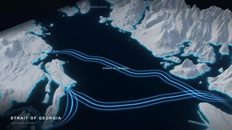 Strait Of Georgia 3D White Terrain Relief Map With Glowing Shipping Route Stock-Footage 344018861