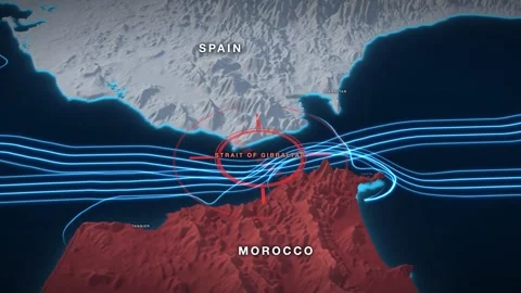 Strait of Gibraltar 3D terrain relief map on a near-black sea Stock Footage 344266442