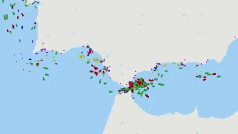 Strait of Gibraltar. Detailed digital map of ship tracking data and maritime Stock Footage 334349788