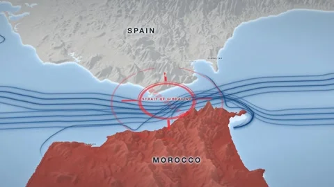 Strait of Gibraltar naval blockade map on a pale 3D terrain relief Stock Footage 344266558