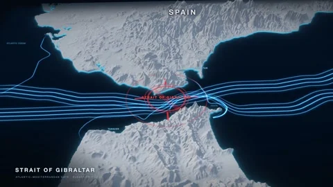 Strait of Gibraltar white 3D terrain relief map on a black sea with glowing Stock Footage 344008807