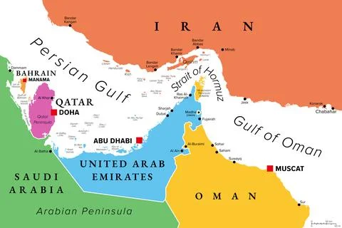 Strait of Hormuz, important waterway, multi colored map Stock Illustration